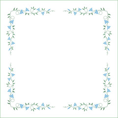 Green vegetal floral frame with leaves and blue flowers, decorative corners for greeting cards, banners, business cards, invitations, menus. Isolated vector illustration.	
