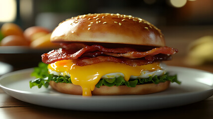 A mouthwatering burger featuring crispy bacon, a perfectly fried egg with a runny yolk, melted cheese, and fresh lettuce, all nestled between a toasted sesame seed bun.