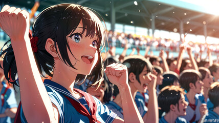 A lively anime scene of a high school sports festival, with students cheering and participating in various events, highlighting the excitement and energy of youth.