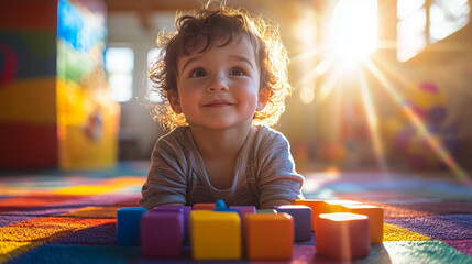 Adorable Toddler Playing with Colorful Blocks in Sunlit Room, Smiling and Enjoying Early Childhood Fun