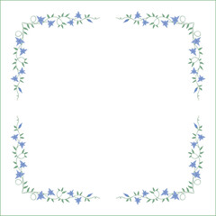 Green vegetal floral frame with leaves and blue flowers, decorative corners for greeting cards, banners, business cards, invitations, menus. Isolated vector illustration.	
