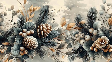 Fototapeta premium Bohemian seamless wallpaper featuring winter elements like pine branches, holly, and mistletoe, hand-drawn in vintage style, soft, cool colors, intricate details, natural light effect,