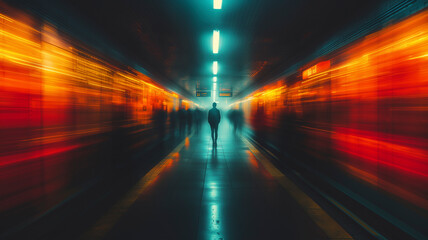 A solitary individual standing still on a crowded train platform during rush hour, with blurred figures of commuters rushing past on either side