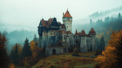 Banner Dracula's Castle on a mountain in the fog for Halloween