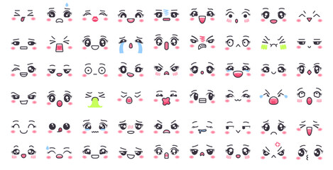 Fototapeta premium Cute chibi faces. Kawaii anime facial expressions, manga style face emotions and big eyed character eyes, mouth and eyebrows. Asian cartoon emotes vector set