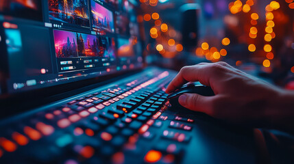 Man Live Streaming on Digital Platform with Keyboard and Mouse in Illuminated Room | Online Streaming, Virtual Events, and Digital Content Creation