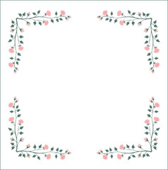 Green vegetal frame with pink rose flowers, decorative corners for greeting cards, banners, business cards, invitations, menus. Isolated vector illustration.	
