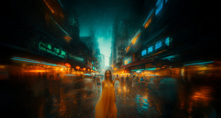 A young woman in a bright yellow dress standing still in the middle of a busy market street, with a blur of people moving around her