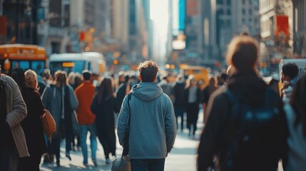City Street Packed with People Walking, Captured from Behind