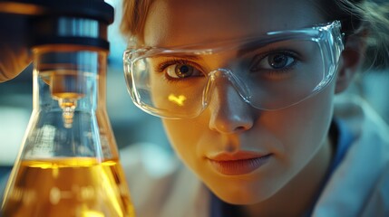 Scientist examining a chemical reaction in a glass flask, symolizing the discovery and creation of new medicines.