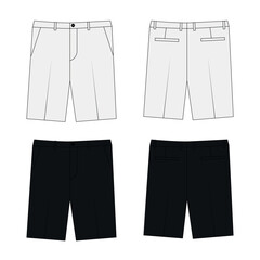 Set Technical drawing of men's knee-length suit shorts, vector. Vector illustration of classic straight shorts with pockets front and back view. Sketch of summer shorts in white and black color.