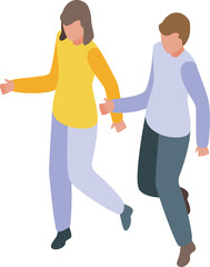 Young couple is running, holding hands, in this isometric illustration