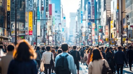 City Street Packed with People Walking, Captured from Behind