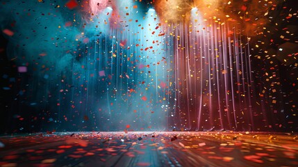 Prom event party celebration stage with spotlight and confetti falling. Students school graduation ceremony indoors, nobody, empty, college university invitation, congratulations