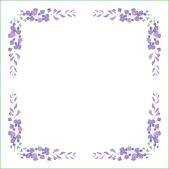 Green vegetal floral frame with leaves and purple glycine flowers, decorative corners for greeting cards, banners, business cards, invitations, menus. Isolated vector illustration.	
