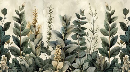Fototapeta premium Bohemian seamless wallpaper showcasing vintage botanical illustrations of herbs like rosemary, sage, and thyme, set against a muted beige background, intricate hand-drawn details, earthy greenery,