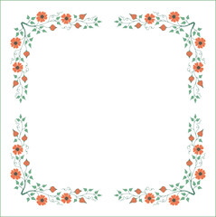 Green and yellow floral frame with leaves and thunbergia flowers, decorative corners for greeting cards, banners, business cards, invitations, menus. Isolated vector illustration.	
