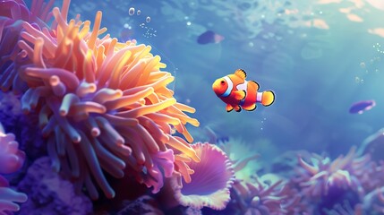 Clownfish Swimming Past Vibrant Coral Reef