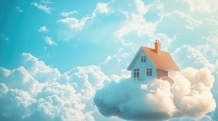 A house with a chimney, sitting on a white cloud, floating peacefully under a bright blue sky with scattered sunlight.