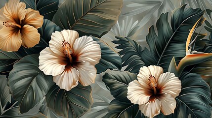 Bohemian seamless wallpaper showcasing vintage botanical illustrations of tropical flowers like hibiscus, bird of paradise, and orchids, set against a muted pastel background,