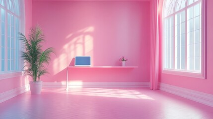 Ballet studio, laptop computer with remote work project, ballet shoes and practice bar, 3D illustration