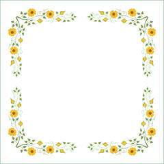Green and yellow floral frame with leaves and thunbergia flowers, decorative corners for greeting cards, banners, business cards, invitations, menus. Isolated vector illustration.	
