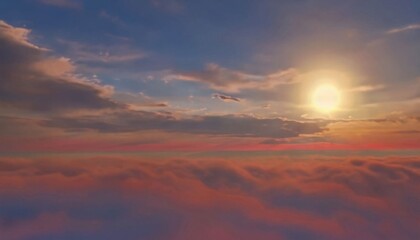 Fototapeta premium The sun dips below the horizon, casting a warm glow across the sky. Wispy clouds catch the last rays, their edges tinged with hues of orange and pink. A tranquil dusk scene. AI generated.