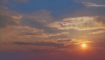 Obraz premium The sun dips below the horizon, casting a warm glow across the sky. Wispy clouds catch the last rays, their edges tinged with hues of orange and pink. A tranquil dusk scene. AI generated.