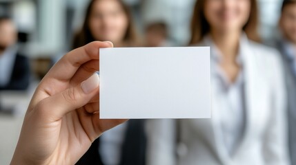 A person holding a blank business card in front of other people, AI