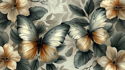 Botanical butterflies seamless wallpaper design, with hand-drawn vintage illustrations of fluttering butterflies among blooming flowers and leafy branches, soft pastel color palette,