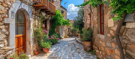 Naklejka premium Cobblestone Street in a Picturesque Greek Village