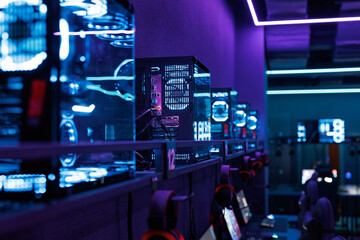 Professional gaming PC with a headset in the computer club for gamers.