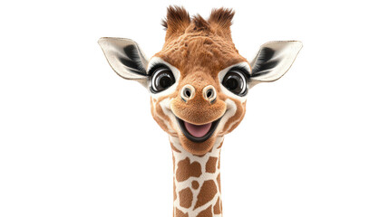 Fototapeta premium Realistic 3d render of a happy, furry and cute baby Giraffe smiling with big eyes looking strainght