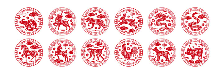 Chinese zodiac circle stamp. Animal of year circular emblem with floral pattern, decorative borders and traditional Asian ornaments. Animals of twelve zodiac signs vector illustration set.