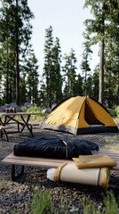 An orange camping tent stands in the forest, accompanied by coffee mugs and beer bottles on a table, amidst nature's greenery and a relaxing blanket