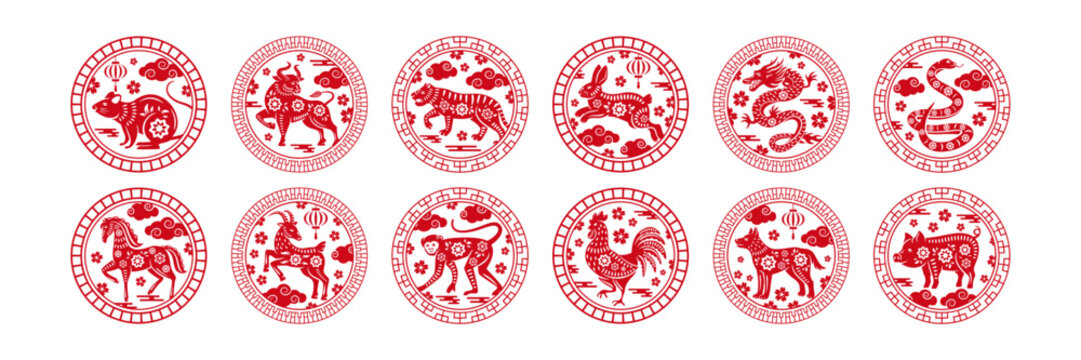 Chinese zodiac circle stamp. Animal of year circular emblem with floral pattern, decorative borders and traditional Asian ornaments. Animals of twelve zodiac signs vector illustration set.