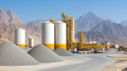 Obraz premium The cement factory features towering white and yellow silos, surrounded by loose grey rocks and sand, set against a striking desert backdrop