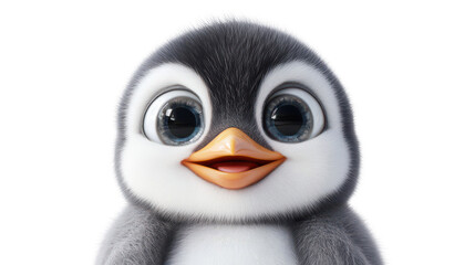Realistic 3d render of a happy, furry and cute baby Penguin smiling with big eyes looking strainght