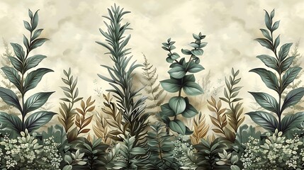 Continuous pattern of herb garden elements, showcasing rosemary, sage, and thyme with delicate textures, soft green tones, and a warm, earthy backdrop, seamless design, natural lighting,