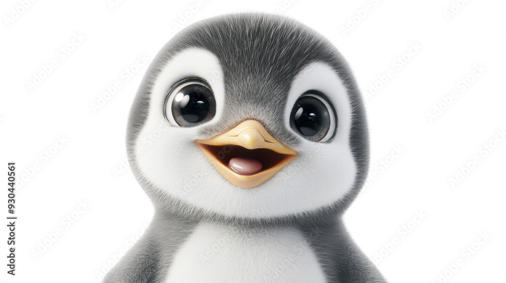 Wall mural Realistic 3d render of a happy, furry and cute baby Penguin smiling with big eyes looking strainght