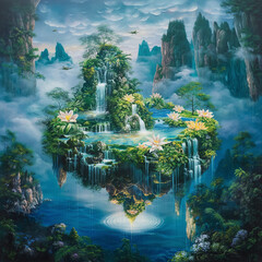Waterfall with forest on a floating island