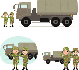 自衛隊　敬礼をする男性と女性自衛官、トラックのイラスト