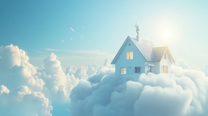 A picturesque home on a white cloud, drifting through a clear blue sky, with sunlight illuminating the scene.