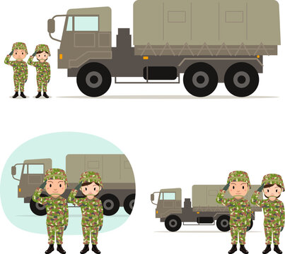 自衛隊　敬礼をする男性と女性自衛官、トラックのイラスト