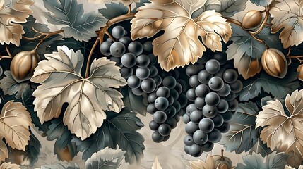 Continuous pattern of vineyard elements, showcasing grapevines, olive branches, and figs with delicate textures, deep green and purple tones, and a warm, Mediterranean backdrop, seamless design,