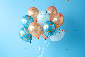 Bunch of colorful balloons with confetti against a bright blue background