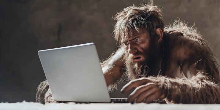 A confused caveman looking at a laptop. Technology concept.