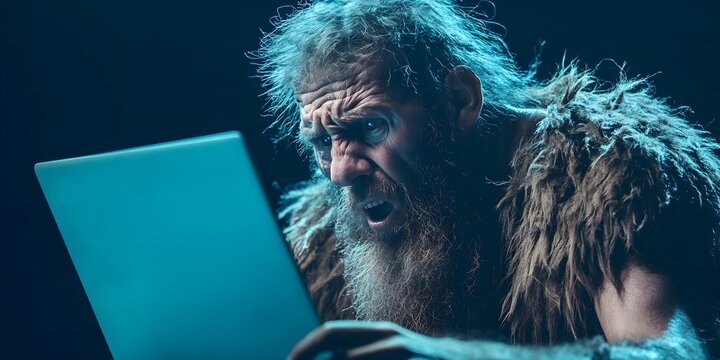A confused caveman looking at a laptop. Technology concept.