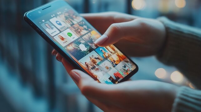A close-up of hands holding a smartphone, scrolling through social media feeds with advertising content visible