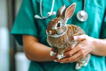 A gentle veterinarian holds a cute rabbit in a clinic. The image reflects warm care and compassion for pets. Perfect for animal lovers. A trusted healthcare setting for pets. AI